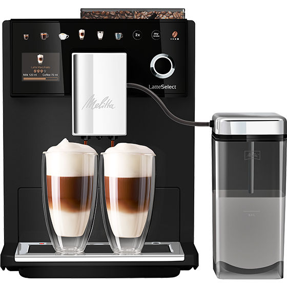 Melitta® Kaffeevollautomat Melitta LatteSelect 6781940 1 – Silver-black LatteSelect machine with dual spout front view