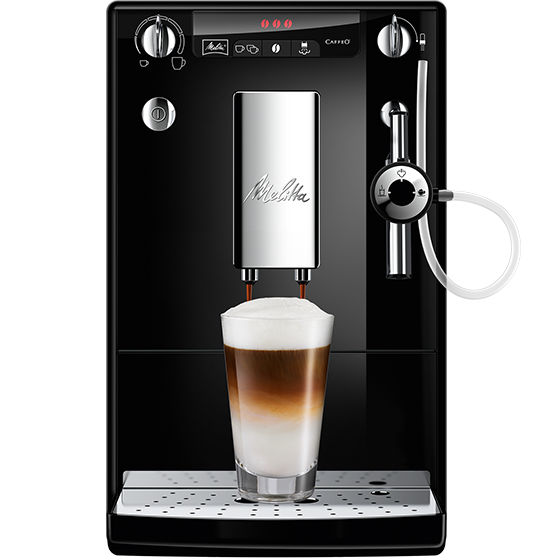 Melitta® Kaffeevollautomat Melitta Solo Perfect Milk E957 101 Schwarz 6774180 – Studio front view of black machine with classic design and rotary control
