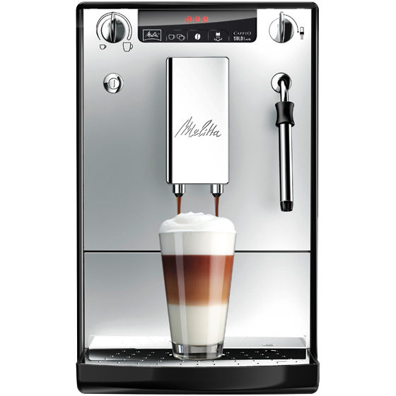 Melitta® Kaffeevollautomat Melitta Solo Milk E953 102 Silber Schwarz 6774585 – Studio shot of machine with display, drip tray, and steam wand visible