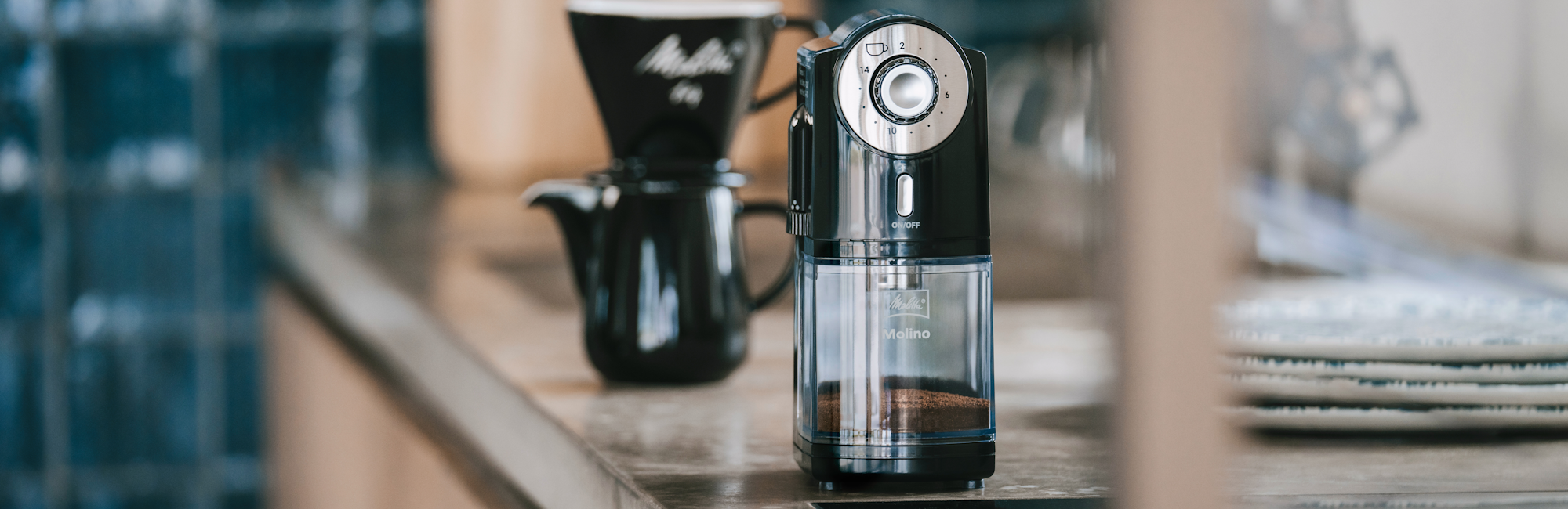 Melitta Molino coffee grinder standing in a kitchen